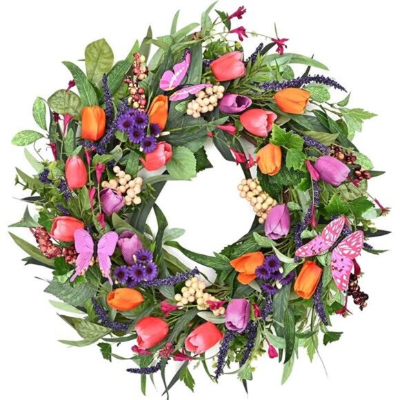 22in Spring Wreath, Spring Summer Wreaths for Front Door, Tulip Wreath - Picture 1 of 7